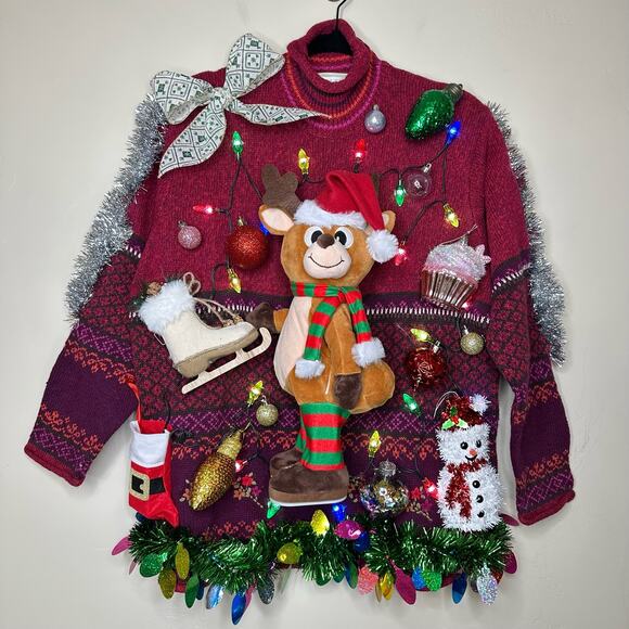 Ugly Christmas Sweater Singing Reindeer LIGHTS UP Tacky Tinsel Xmas Party Winner - Picture 1 of 5